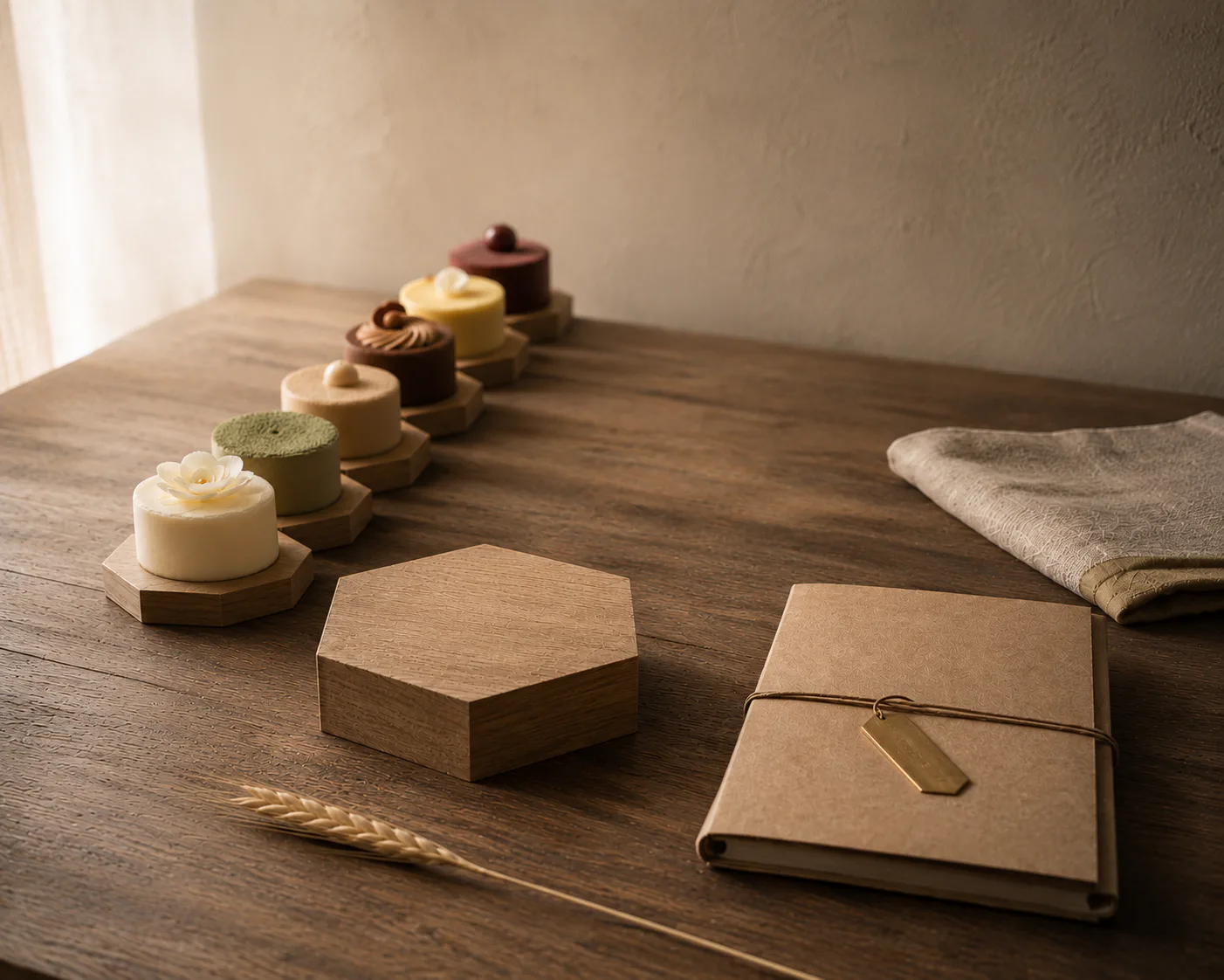 A row of small capsule pastries on raw oak hexagonal plinths fades into soft focus along a dark oak table — a white rose entremet at the front, then matcha, hazelnut praliné, chocolate, vanilla, and a deep berry — followed by a single empty hexagonal plinth in the foreground and, beside it, a closed kraft archive folio tied with waxed linen twine and stamped with a small brass tag. A folded linen cloth at the right and a single dried wheat stalk on the bench complete the still life — the capsule that has just closed.