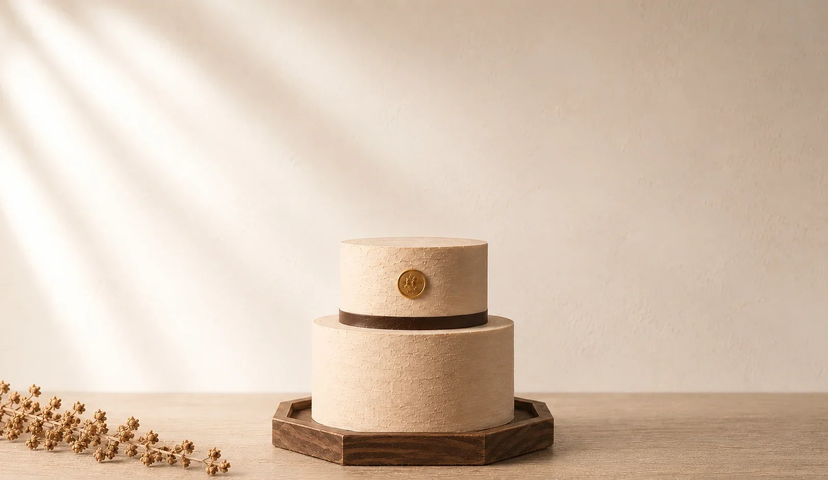 A two-tier celebration cake on a hexagonal oak plinth, sealed with the maison’s brass wax mark — a single signature object for a single occasion.