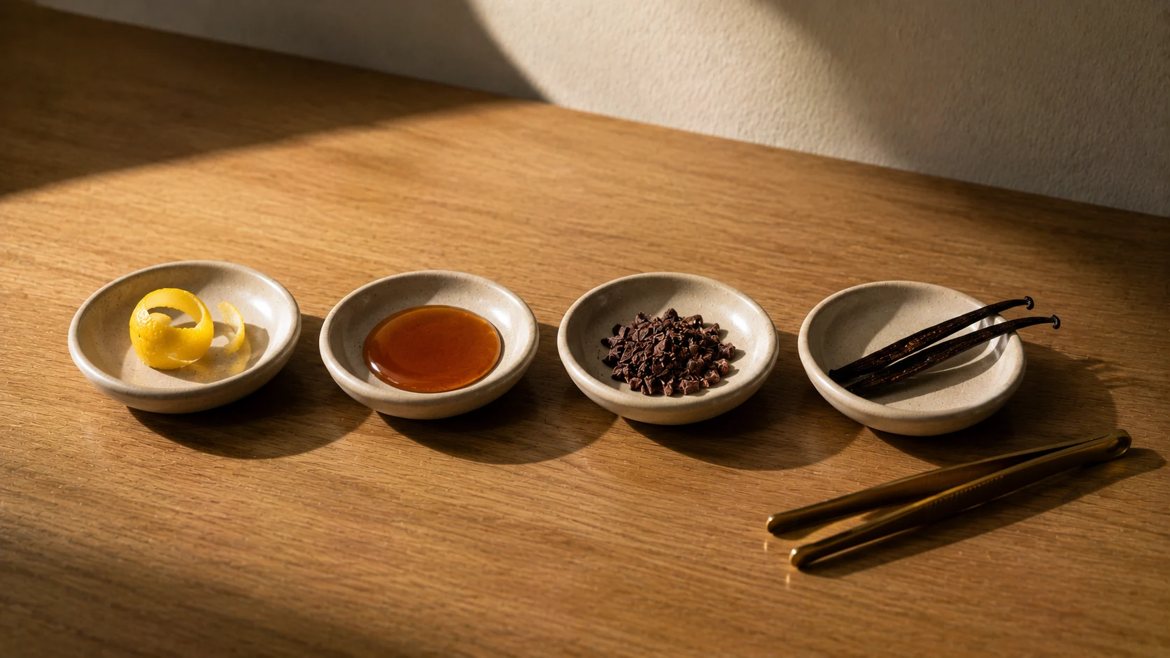 Four matching cream hand-thrown ceramic dishes in a row on a smooth oiled oak workbench, each holding a single ingredient — a curl of lemon zest, a pool of dark amber honey, a heap of dark cacao nibs, and two split vanilla beans. A pair of brass specimen tweezers rests beside them. Architectural daylight from camera-left.