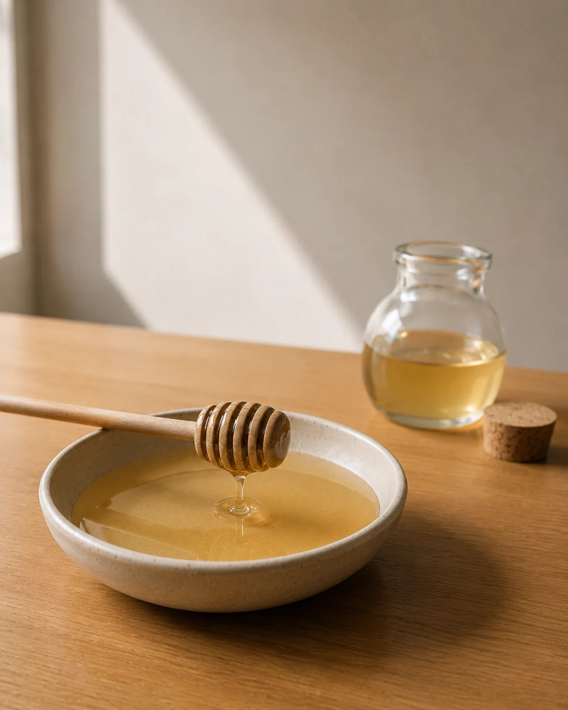 A hand-thrown ceramic dish holding a pool of pale-gold acacia honey, a wooden dipper resting across the rim with a single drip falling back into the pool, the apothecary jar of acacia honey in soft focus behind it. The moment after the pour.