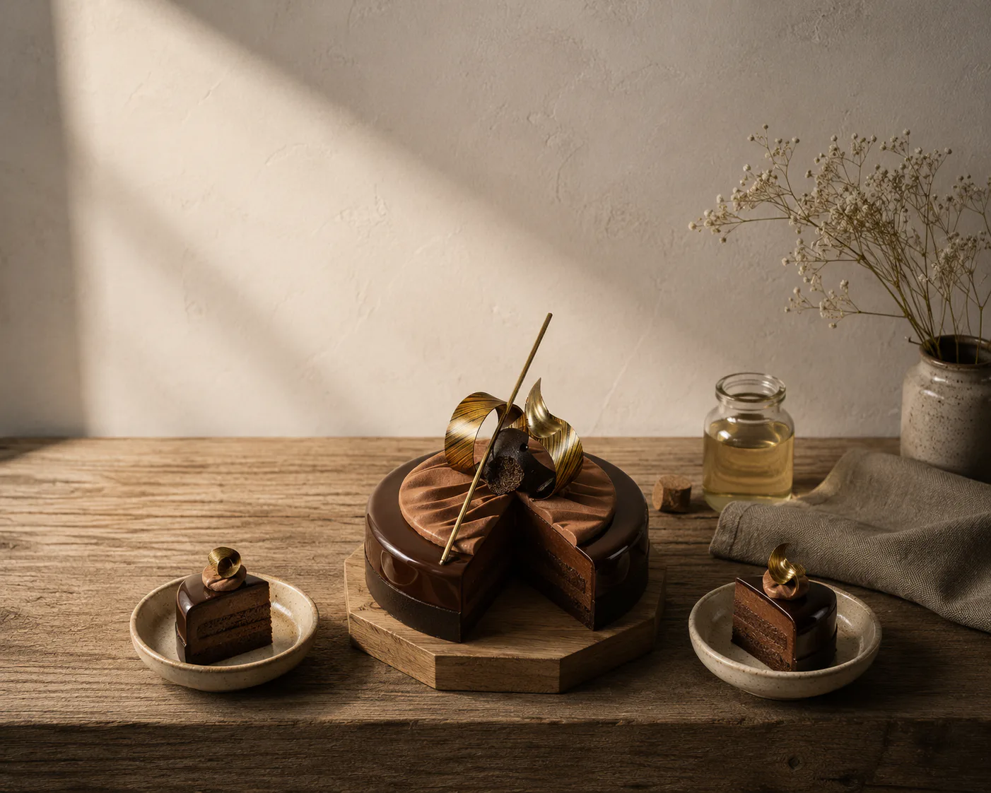 A pale ivory entremet on a hexagonal oak plinth — the maison’s evergreen object, the form that travels across capsules.