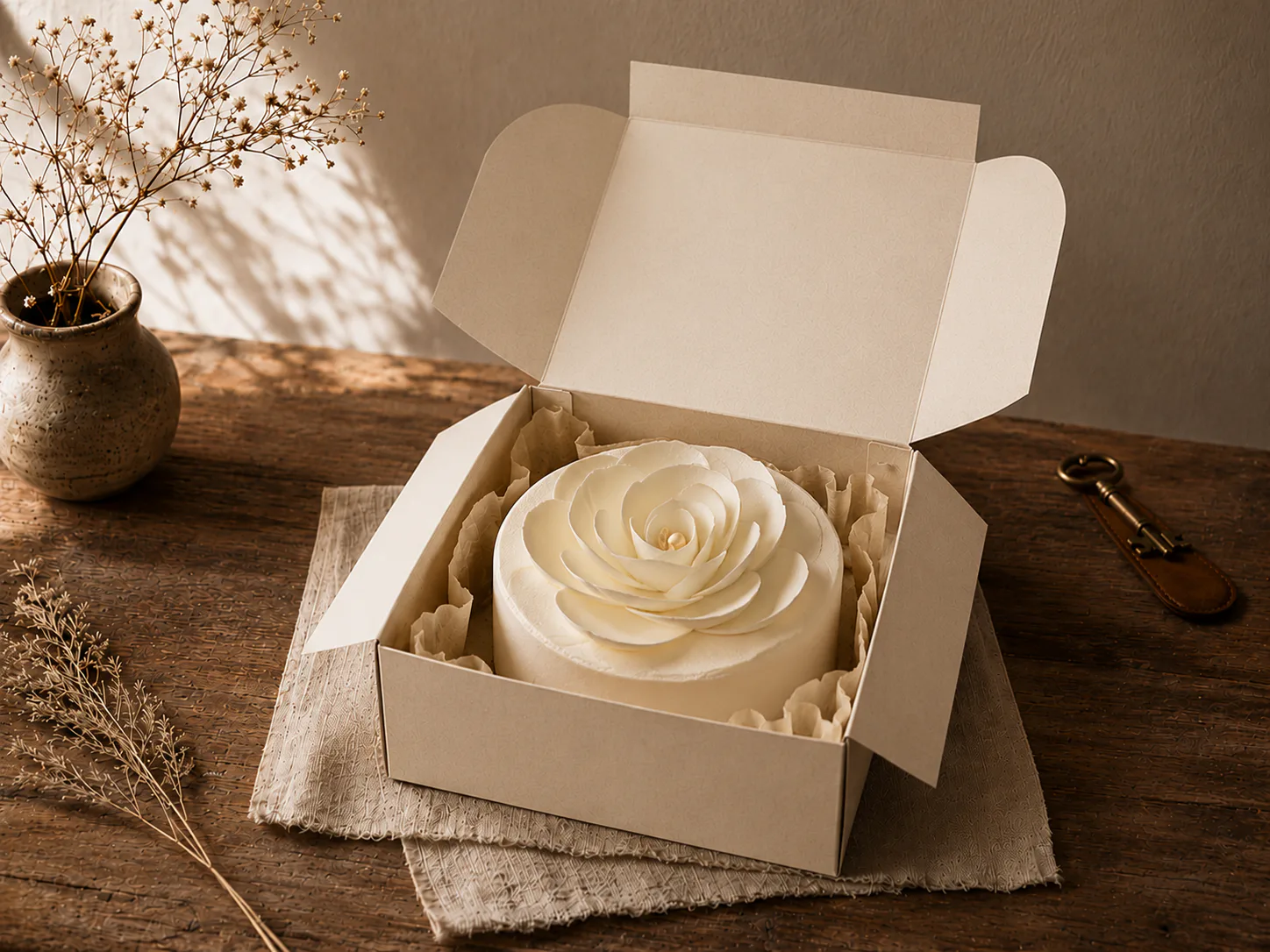 An open kraft pastry box on a folded linen cloth on a weathered oak workbench, a single ivory rose entremet nested in kraft paper inside, an antique brass key on a leather fob resting to the right and a small ceramic vase of dried gypsophila on the left — the moment before a guest arrives.
