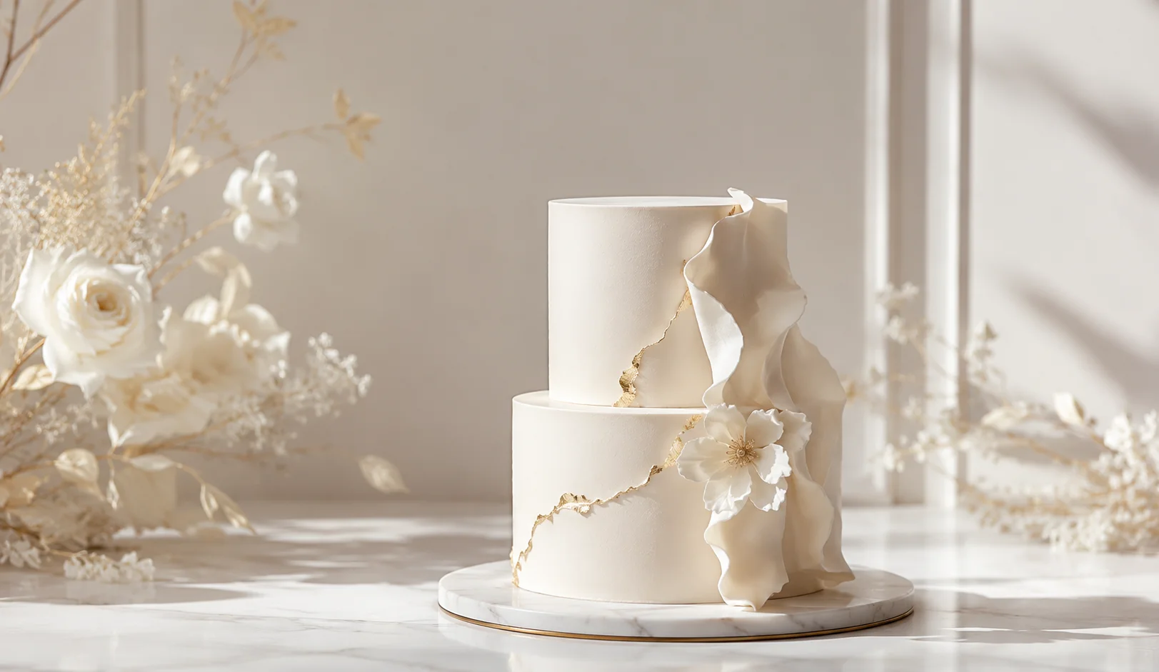 A tall ivory wedding cake with cascading lily-of-the-valley and dark chocolate accents, beside two ivory candles on a travertine slab — the maison’s wedding register, in evening light.
